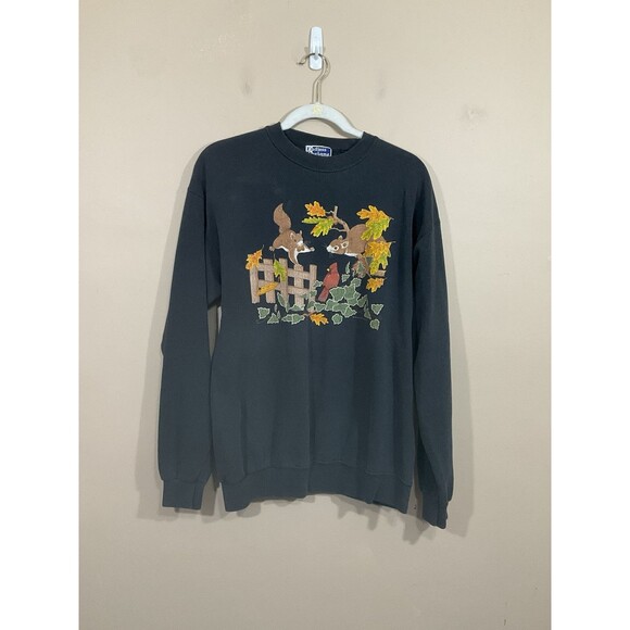 VTG Womens Squirrel Sweatshirt L Gray 90s Cottagecore Granny Bird Leaves Fall - Picture 1 of 9